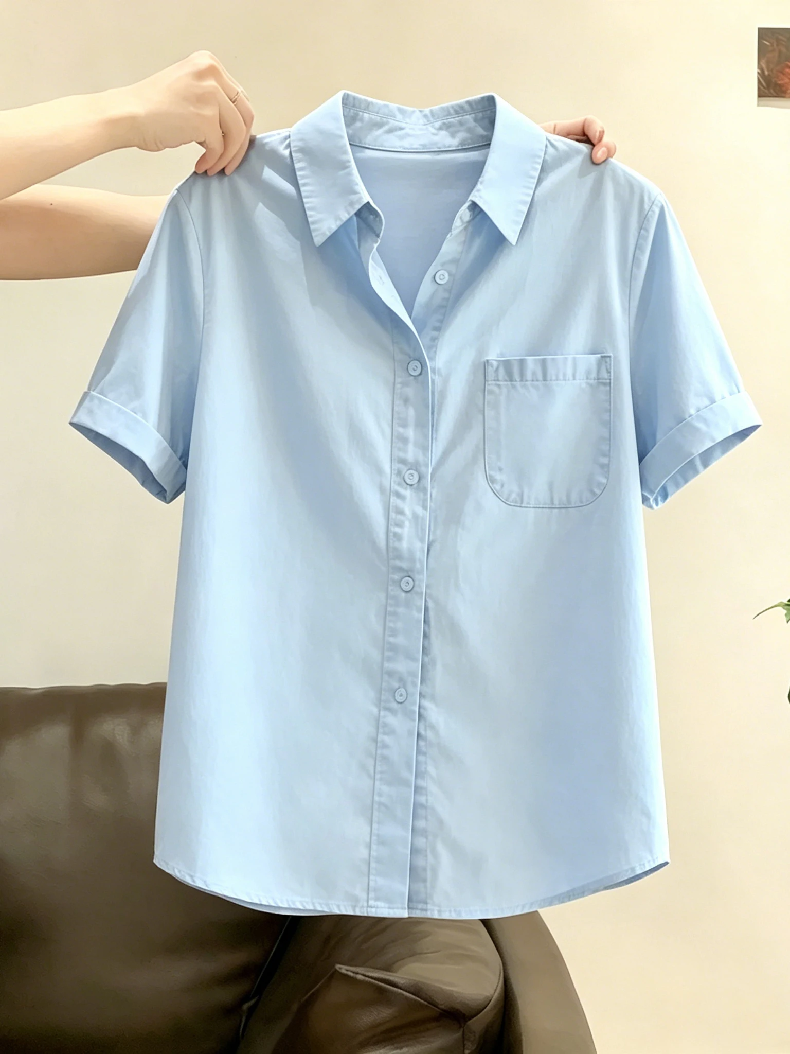 

Fashionable Blue Short Sleeve Shirt Women's Summer New Arrival Casual Style Versatile Top Breathable Comfortable Korean Version