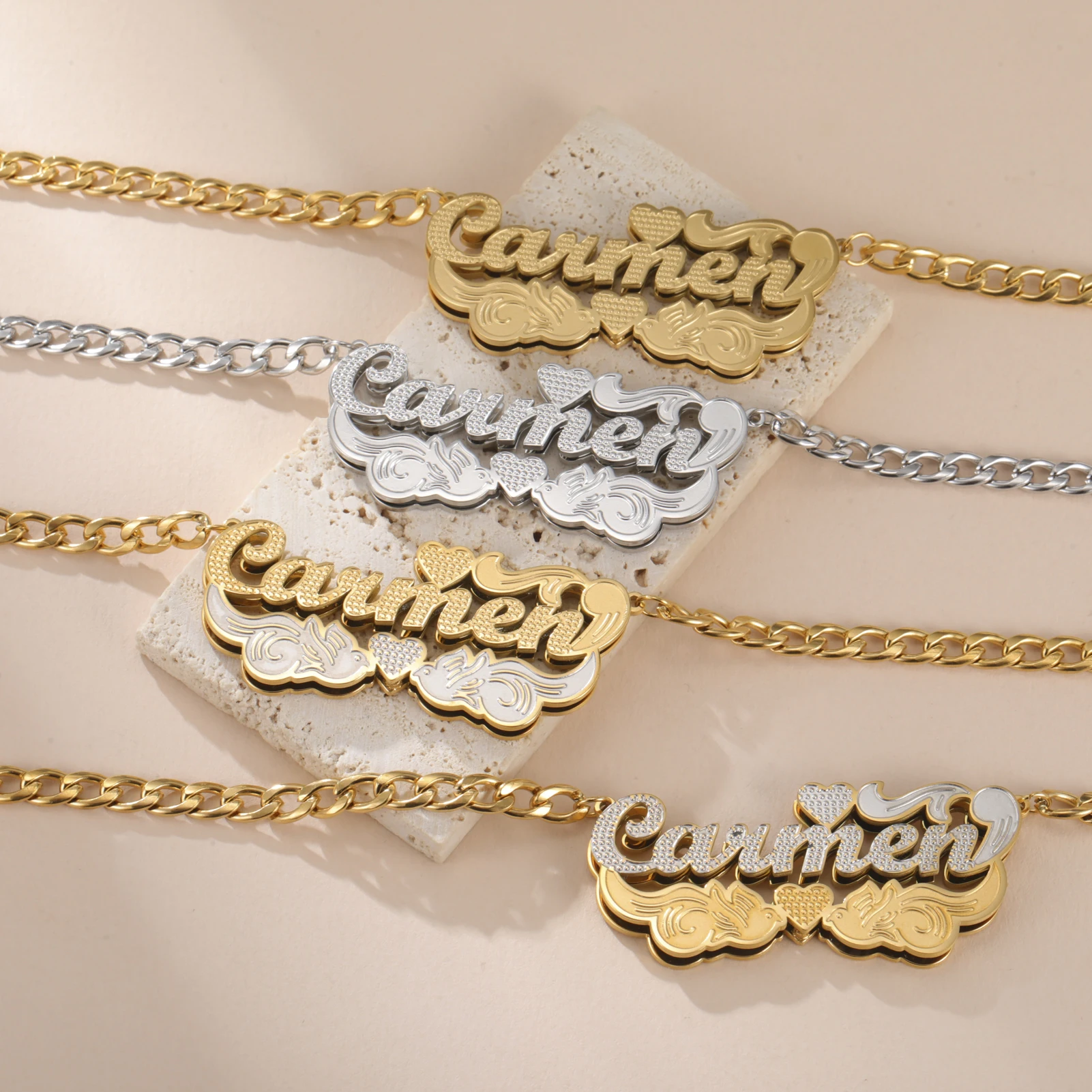 

﻿ Персонализированное 3D двухцветное ожерелье с двойной пластиной, персонализированное ожерелье с именем, 18-каратное золотое ожерелье, ювелирные изделия, подарки для пар