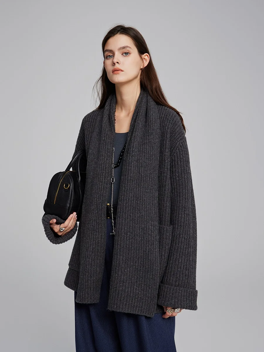 Women's Cashmere Cardigan Long Loose Scarf Collar Thick Knitted Sweater Coat for Autumn Winter