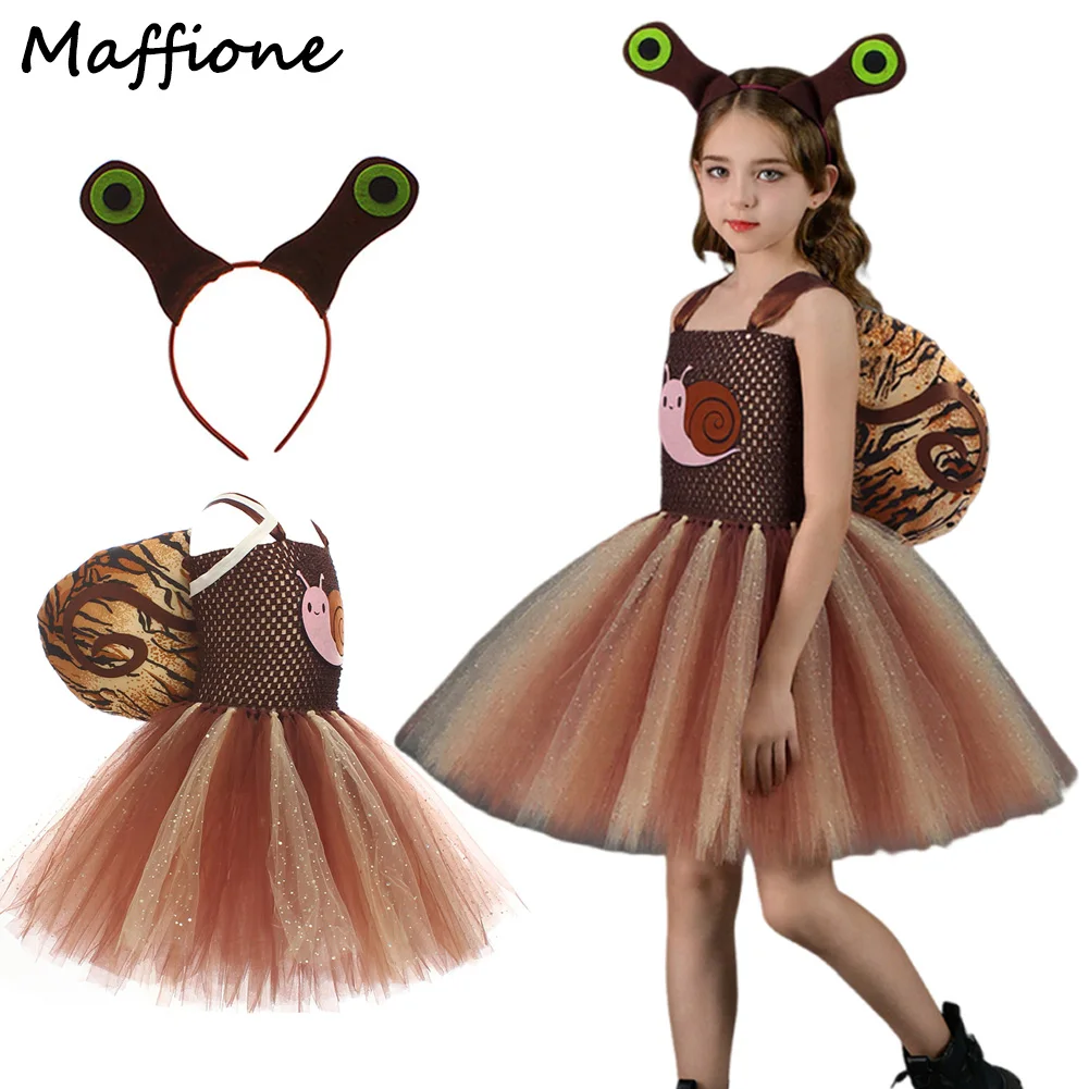 

Kids Girls Snail Cosplay Tutu Dress Bag Costume Headgear Cartoon Animal Role Dance Stage Outfits Children Child Halloween Suit
