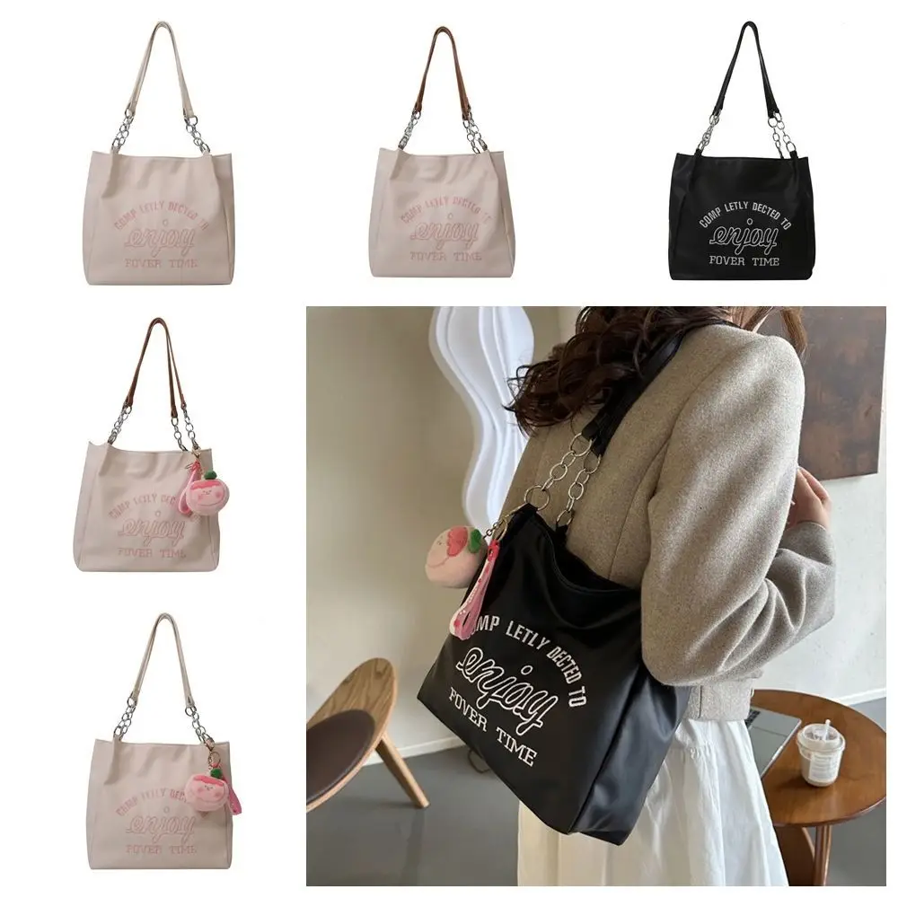 with Pendant Letter Shoulder Bag Korean Style Large Capacity Vacation Tote Bag Solid Color Office Worker Tote Shoulder Bag