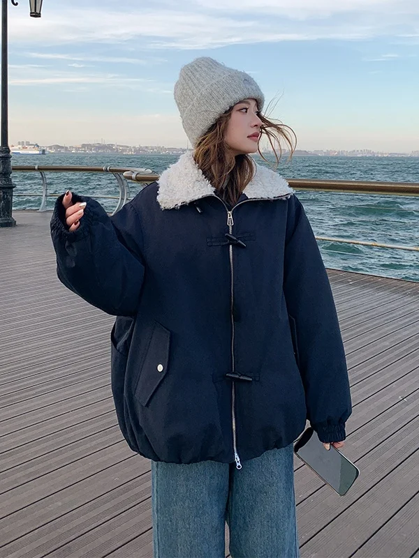 

Lamb Fur Collar Parka down Jaet Women Winter Thiened White Du down ort Coat Button Closure Casual Loose Fit Warmth