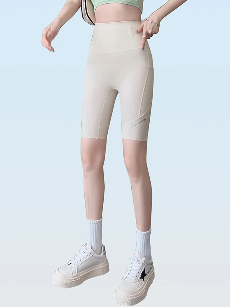 Nuevo 2025, pantalones de Yoga de piel de arca para mujer, seda helada, finos, de cinco cuartos de longitud, cintura alta, Fitn, ciclismo, Yoga, ajustados, tiro alto