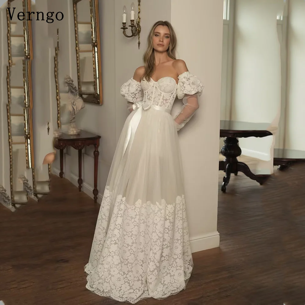 Verngo lvory Tulle Appliques Wedding Dress Off The Shoulder A Line Bridal Gowns Women Elegant Bride Dresses Customized