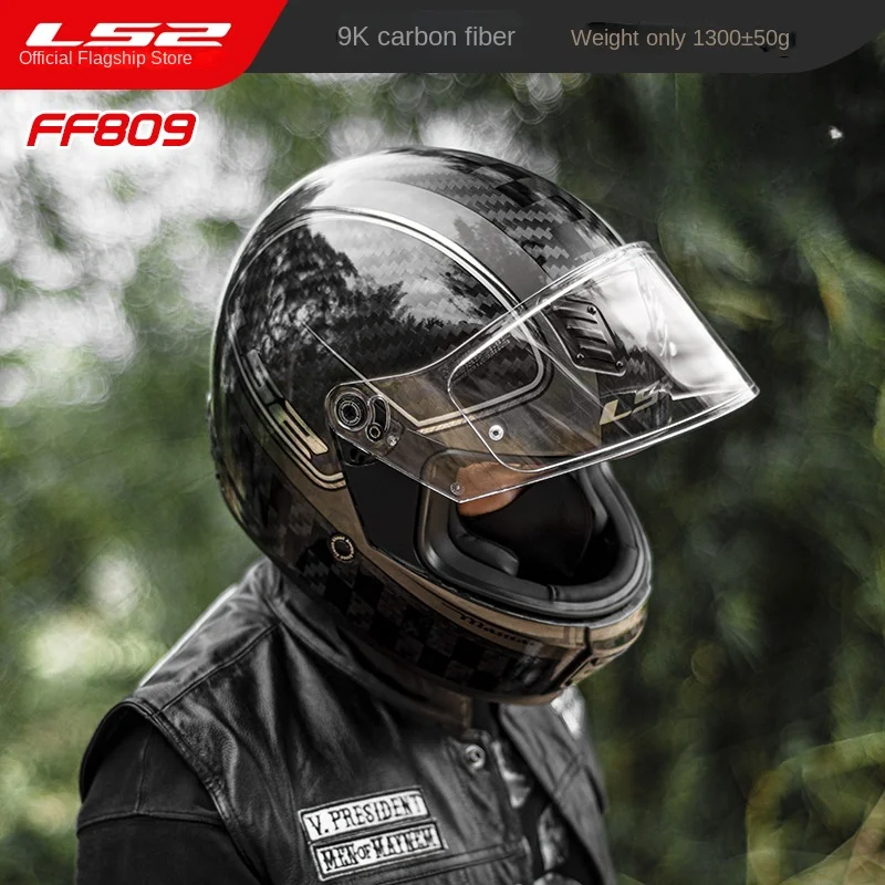 LS2 Carbon Fiber 9K Motorcycle Helmet Harley Retro Full-face Helmet for Men and Women Motorcycle Racing All-season FF809