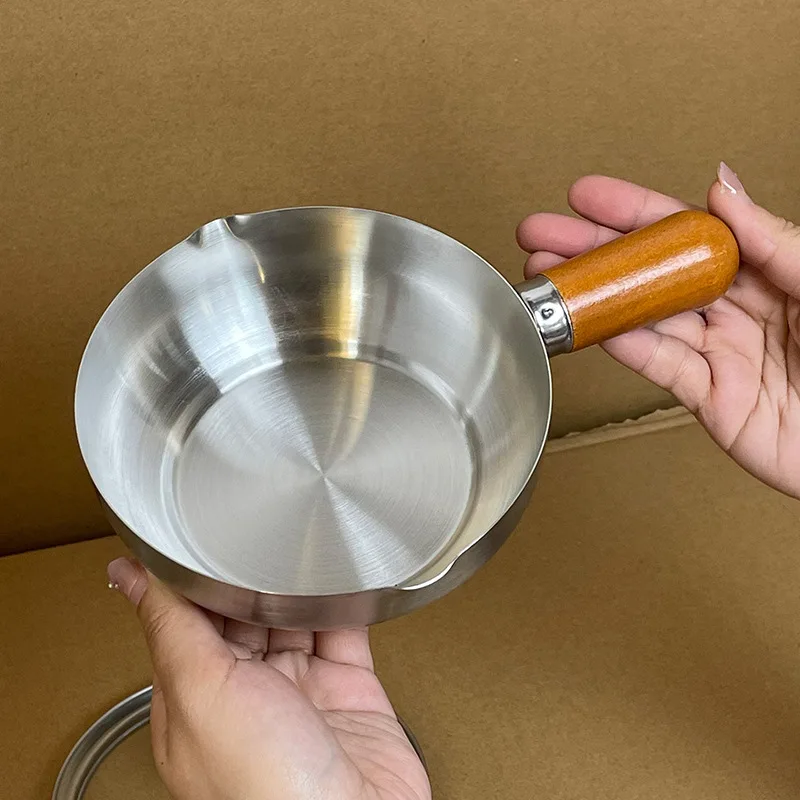 Wooden Handle Single Serving Stainless Steel Bowl, Breakfast Oat Yogurt Fruit Salad Bowl, Portable Small Soup Pot For Home Kitch