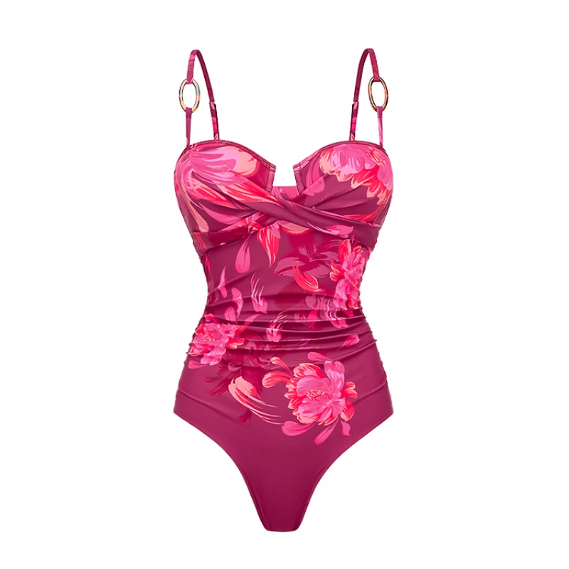 Women Sling Abstract Floral Print One Piece Swimsuit and Skirt Flaxmaker Sexy Deep V Neck Swimwear Sets Vintage Bathingsuit
