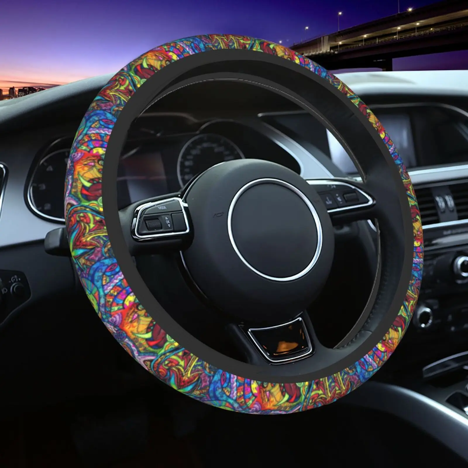 Psychedelic Trippy Rainbow Print Steering Wheel Cover Neoprene Universal 15 Inches Car Steering Wheel Protector for Women Men