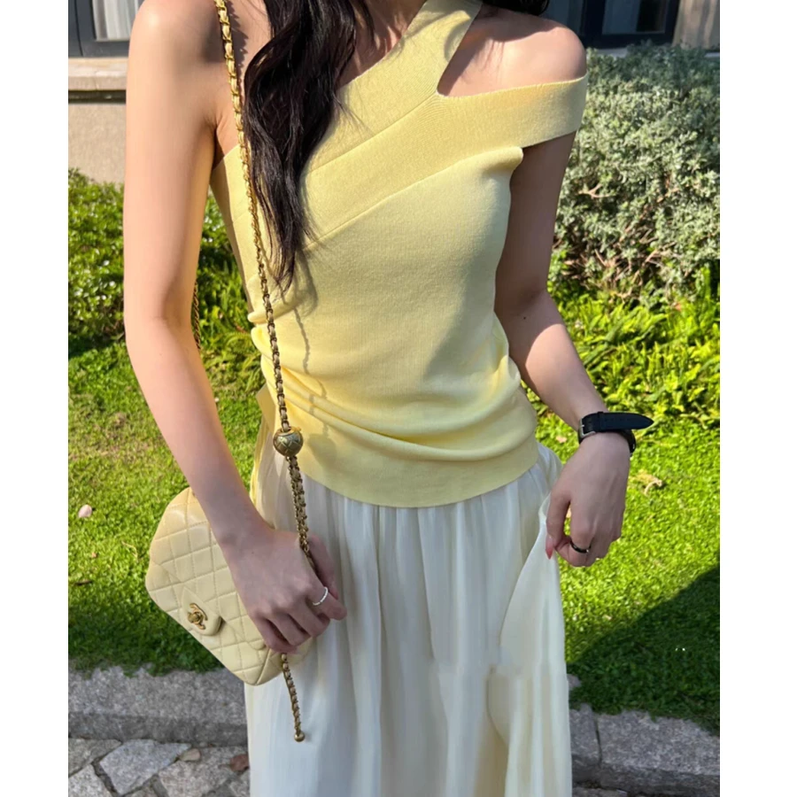 เซ็กซี่ถักเสื้อกั๊กแขนกุดผู้หญิงไม่สม่ําเสมอปิดไหล่ Slim Casual Tank Tops