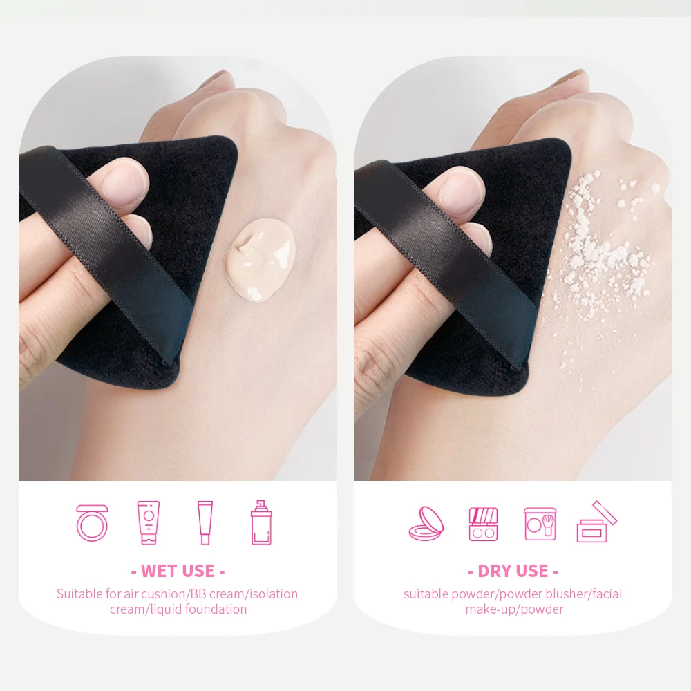 1 Set Powder Puff Storage Box Black Large Triangle Ultra Soft Velour Face Body Loose Powder Puff with Plastic Makeup Powder Case