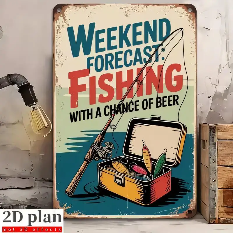 2D Flat Weekend Forecast: Fishing & Beer Vintage Metal Tin Sign - Retro Rod & Tackle Box Design, Iron Wall Art for Man Cave, Bar