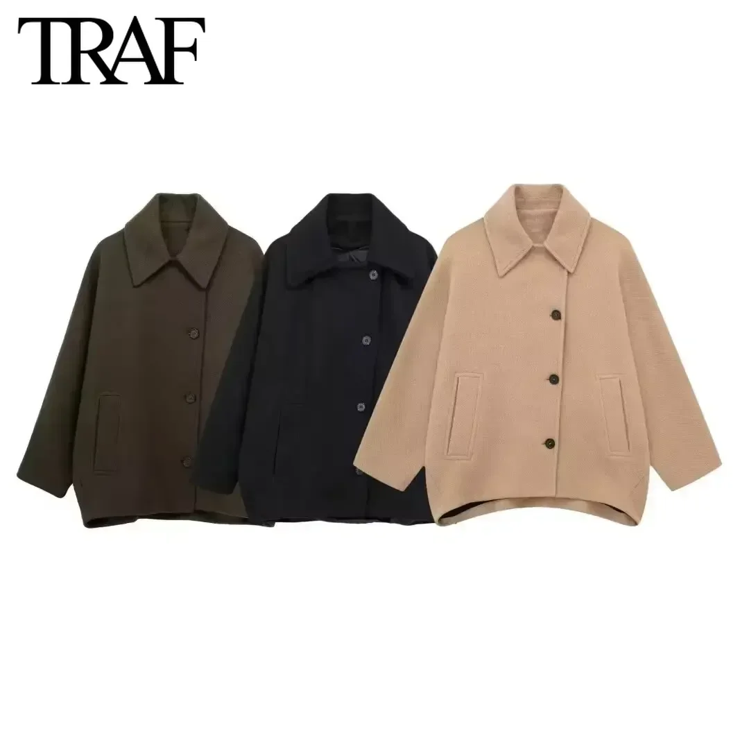 TRAF-abrigo de lana con bolsillo para Mujer, chaqueta de manga larga con solapa de un solo pecho, Tops elegantes para Mujer, moda de otoño e invierno