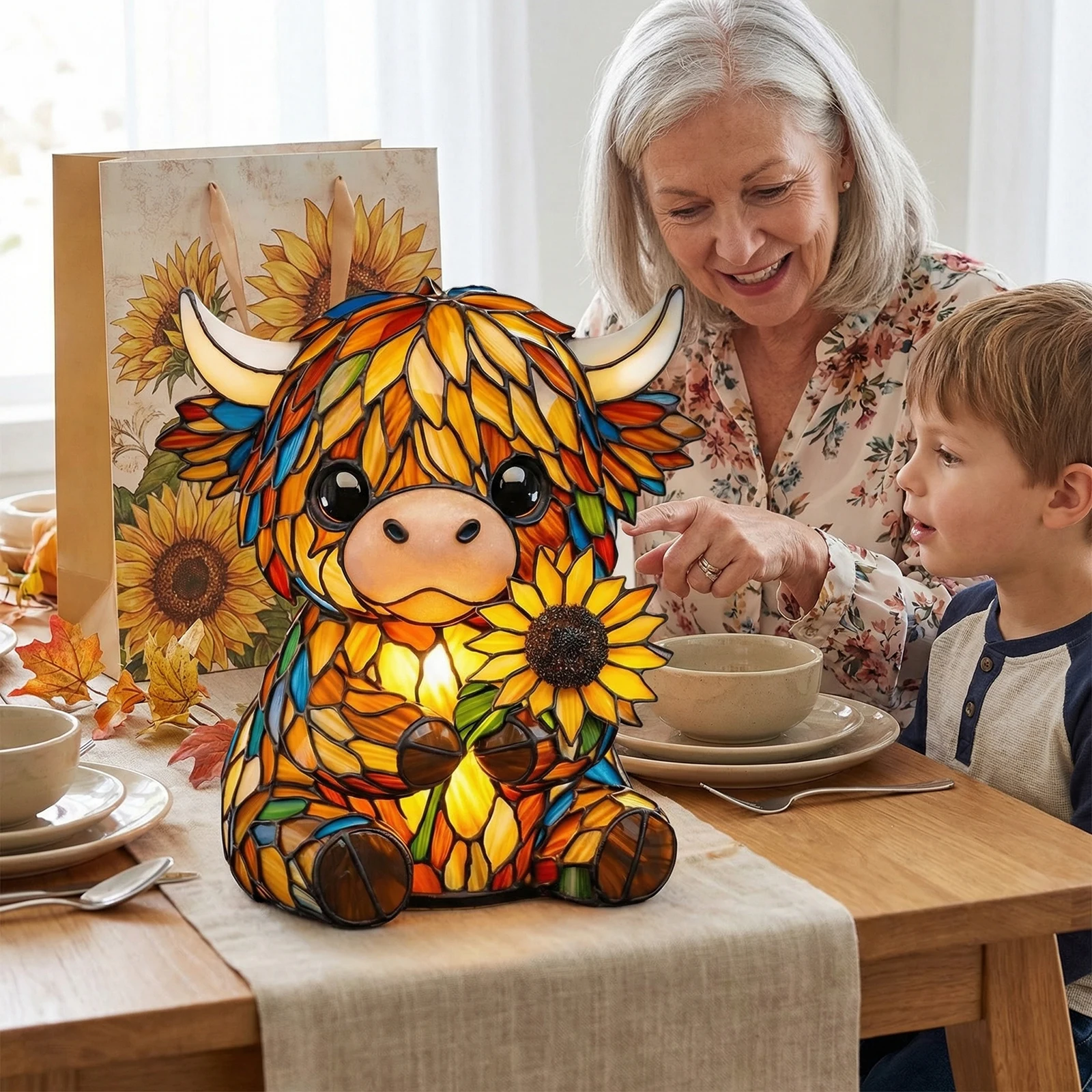 LED Sunflower Highland Cow Table Lamp USB Cute Bedside Decorations Lamp Resin Animal Ornament Light for Living Room Desk Decor
