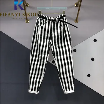 أسود أبيض شريط طباعة الجينز النساء قلم رصاص السراويل الربيع الصيف جيب غير رسمي عالية الخصر الدنيم الحريم السراويل غسلها الجينز الإناث