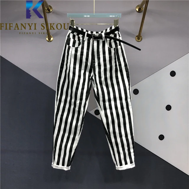 Black White Stripe Print Jeans Women Pencil Pants Spring Summer Casual Pocket High Waist Denim Harem Pants Washed Jeans Female AliExpress 200000345