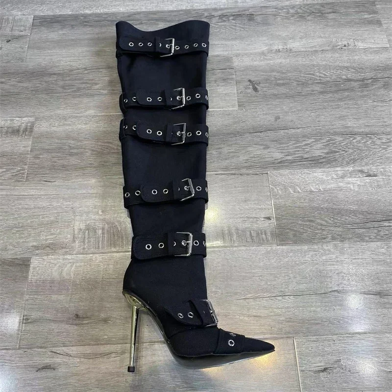 Blue Denim Metal Rivet Buckle Silvery Over Knee Boots Women Sexy Punk Style Silver Belt Buckle 12cm High Heel Sandals Size 34-43