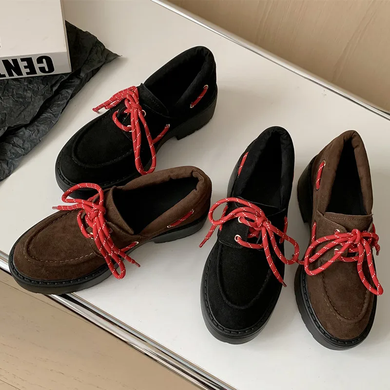 

MKKHOU Fashion Women's Shoes New High-Quality Suede Shoes Round Toe Lace Up Thick Soled Shoes Daily Modern Casual Shoes Women