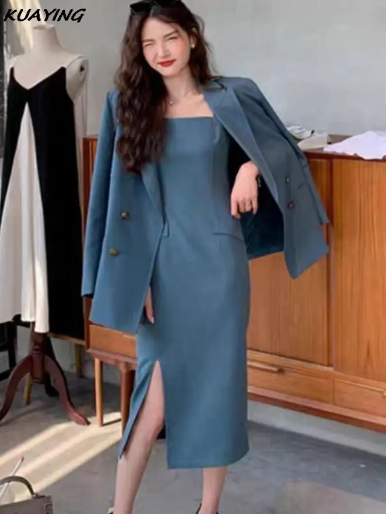 Korean Two Piece Women Sets Blazer Dress Suits Split Straps Bodycon Dresses Female Elegant Jacket Coat Autumn Female Outfits New