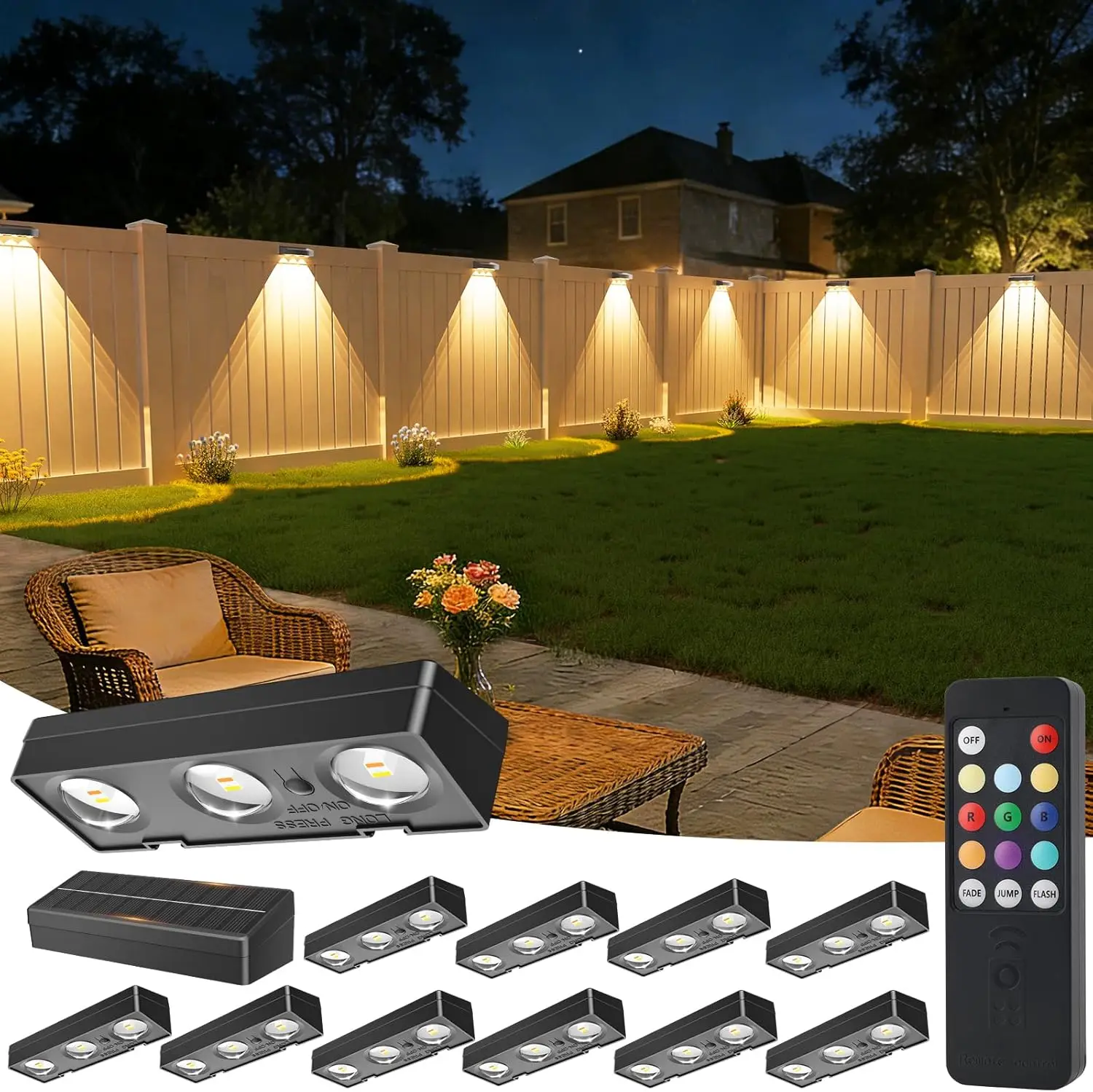 

Solar Fence Lights 12 Pack, Color Changing RGB & Warm White, 12 Modes, IP65 Waterproof for Outdoor Decor