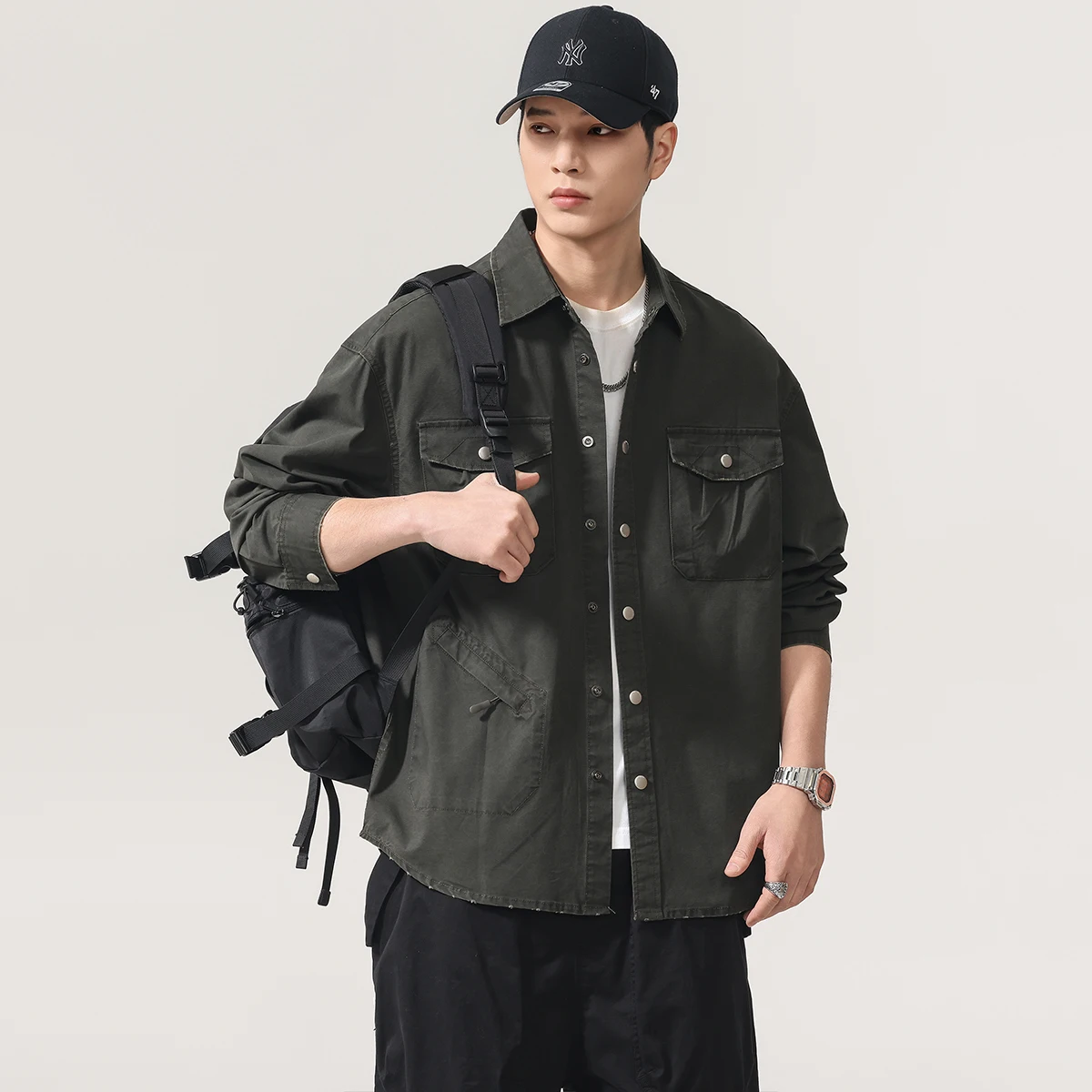 Men's Loose Long Sleeve Casual Fashion Outdoor Oversize Vintage Pure Cotton Cargo Shirt Jacket Cityboy Japanese Streetwear Shirt