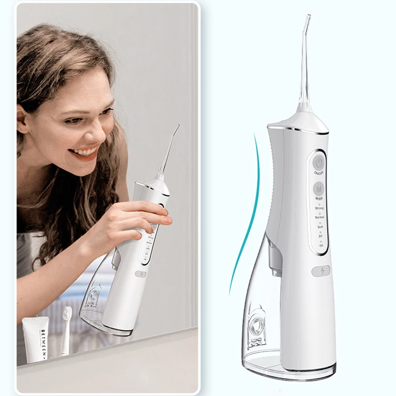 

Портативный ирригатор для полости рта, водный флоссер, зубная нить-флоссер, 4 насадки, 330 мл, 5 режимов, USB, для чистки зубов в путешествиях, IPX7