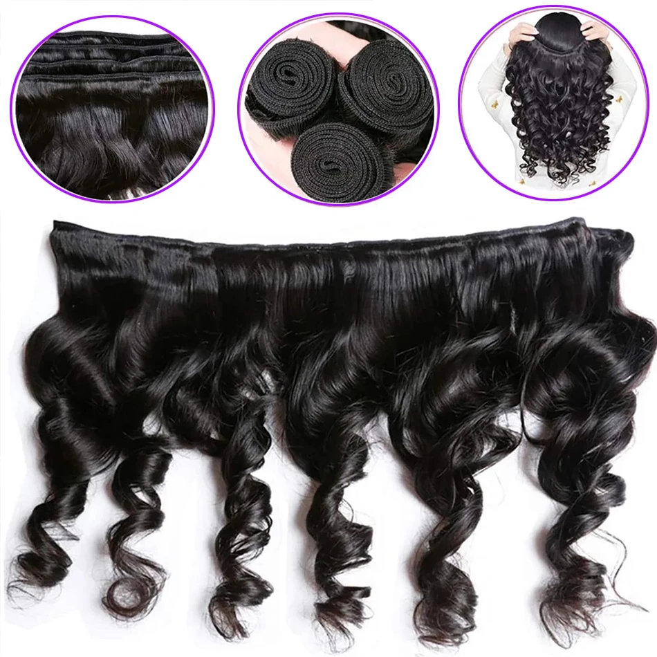 Extensiones de cabello humano de 30 pulgadas, mechones de ondas sueltas, extensiones de pelo ondulado virgen brasileño, extensiones de cabello humano negro Natural para mujeres