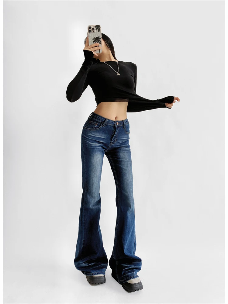 

Deep Blue Washed Straight Leg Jeans Women's Retro Spicy Navel Exposure Slimming Versatile Long Pants Casual Style