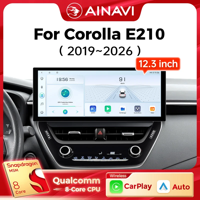 Ainavi 12.3 Calowy Radio Samochodowe z Bezprzewodowym Carplay i Android Auto, Odtwarzacz Multimedialny do Toyoty Corolla E210 (2019-2023) z Rozdzielczością 2K
