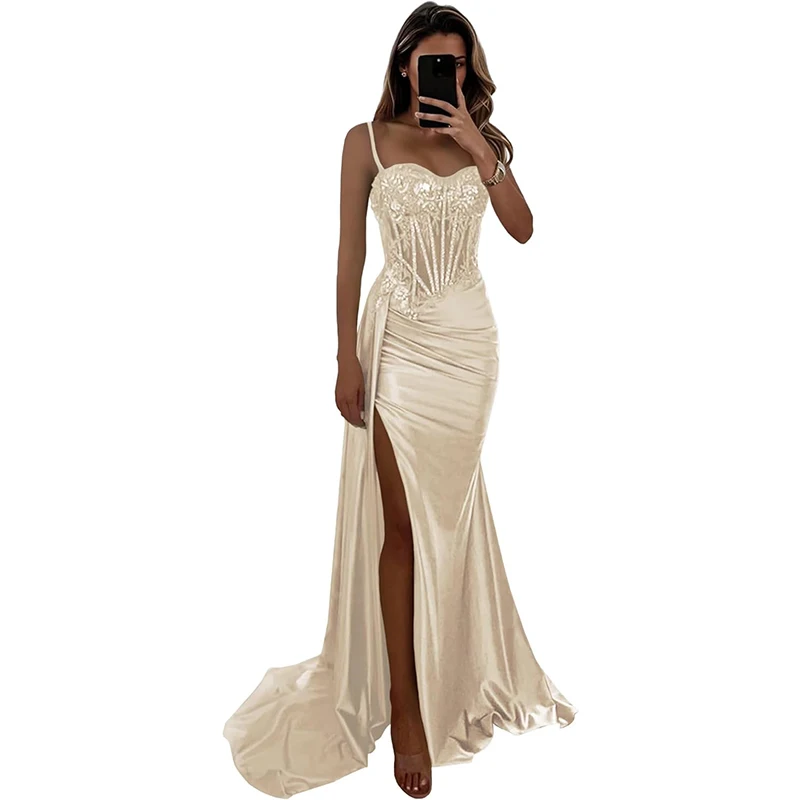 Aangepaste saliegroene spaghetti kralen kant applicaties lange zeemeermin galajurken korset zwarte meisjes hoge split 2025, verjaardag