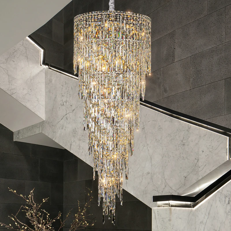 Modern Crystal Staircase Chandelier Round Home Decor Lighting Fixture Luxury Gold Silver Hanging Lamp Led Large Stair Lustre