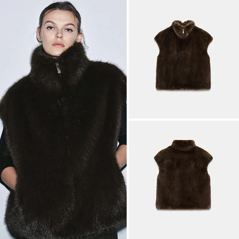 

Теплый жилет из искусственного меха ZA2025: Новинка осени, женская модная укороченная верхняя одежда с воротником-стойкой на молнии, женская куртка