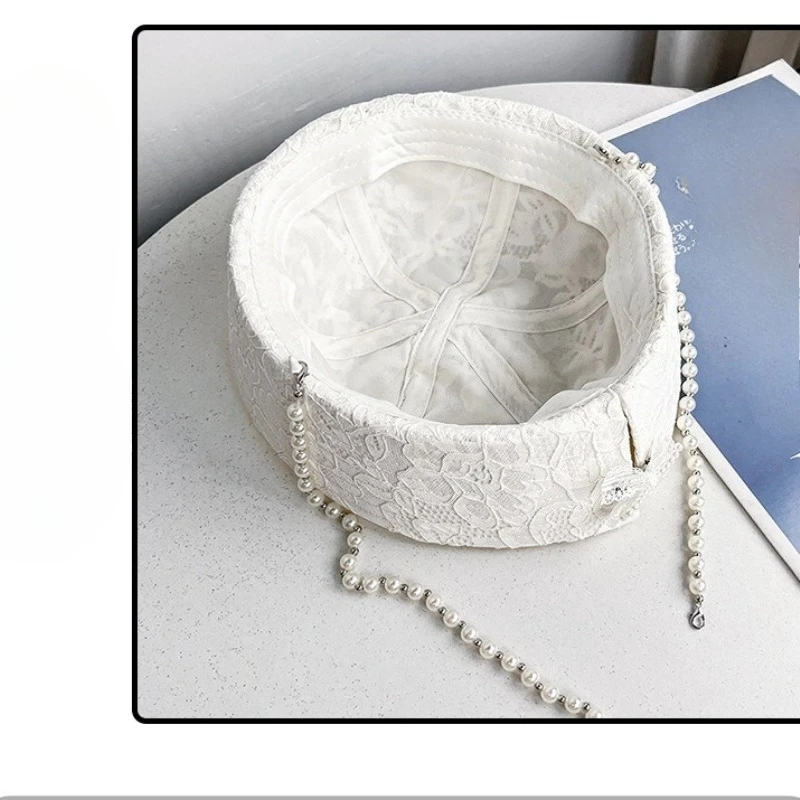 Ins French Pearl Streamer Lace Jacquard Atmungsaktive Baskenmütze für Damen, Sommer- und Herbst-Atmungsaktive Vielseitige Achteckige Malermütze – Detail 7
