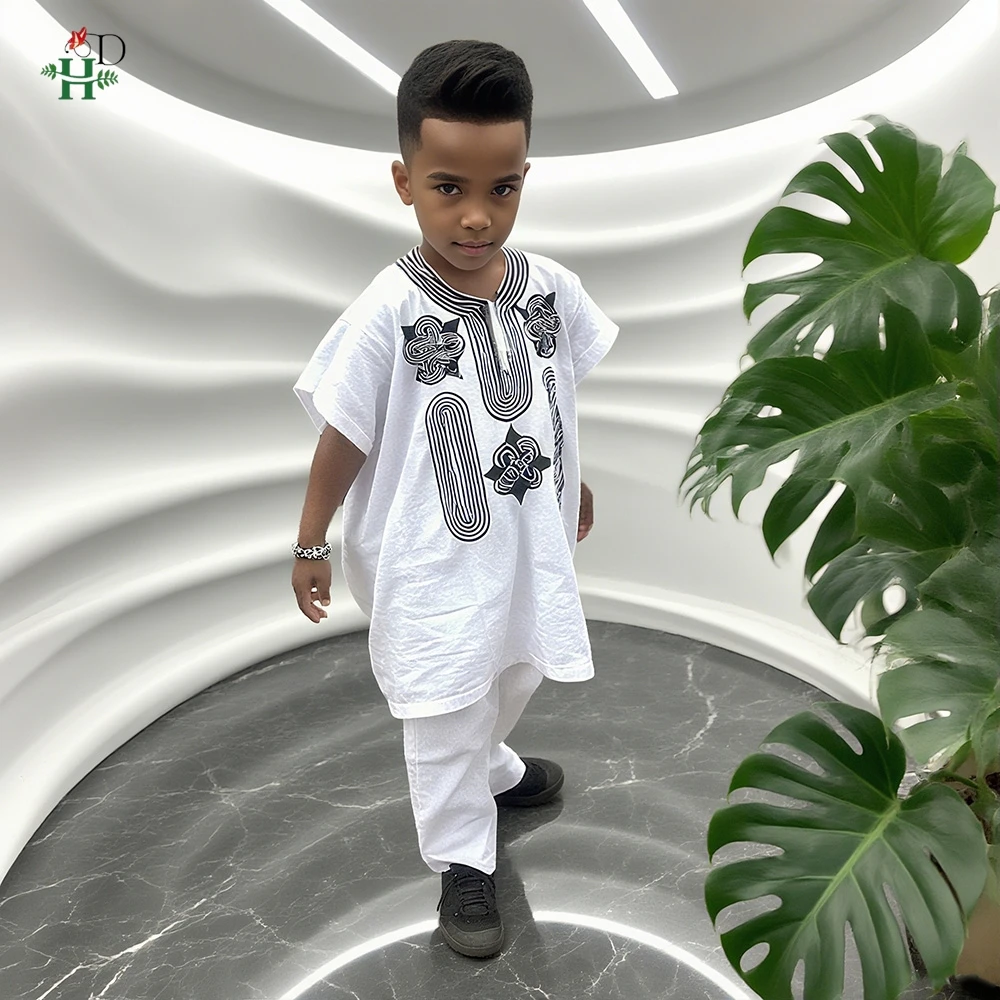 

H&D For Kids Boys African Outfit Children Embroidered Suit Traditional Clothes White Color Shirt and Pants 2 Pieces Church Set