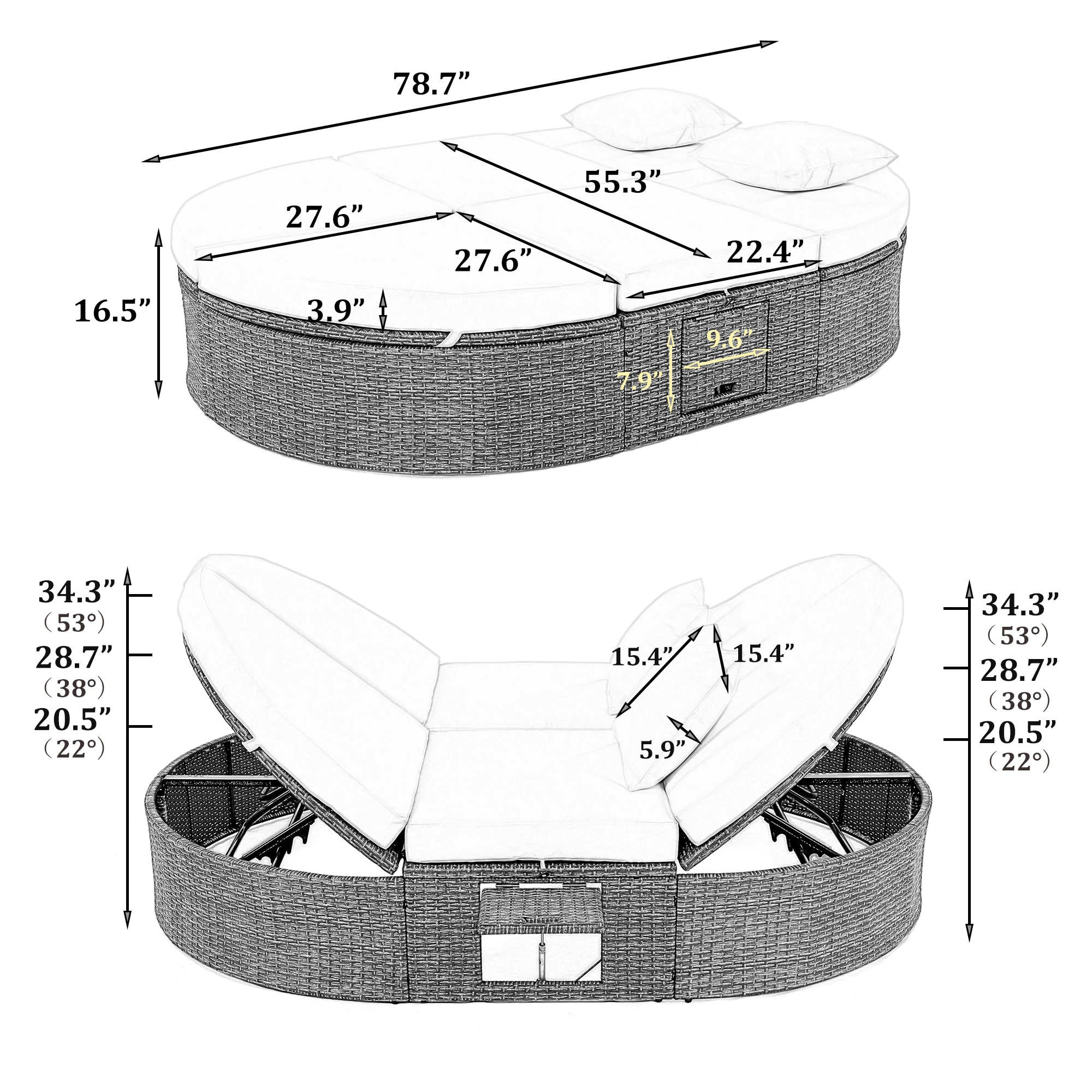 Lit de soleil extérieur avec coussins et oreillers, chaise longue inclinable de jardin en rotin avec dossier réglable