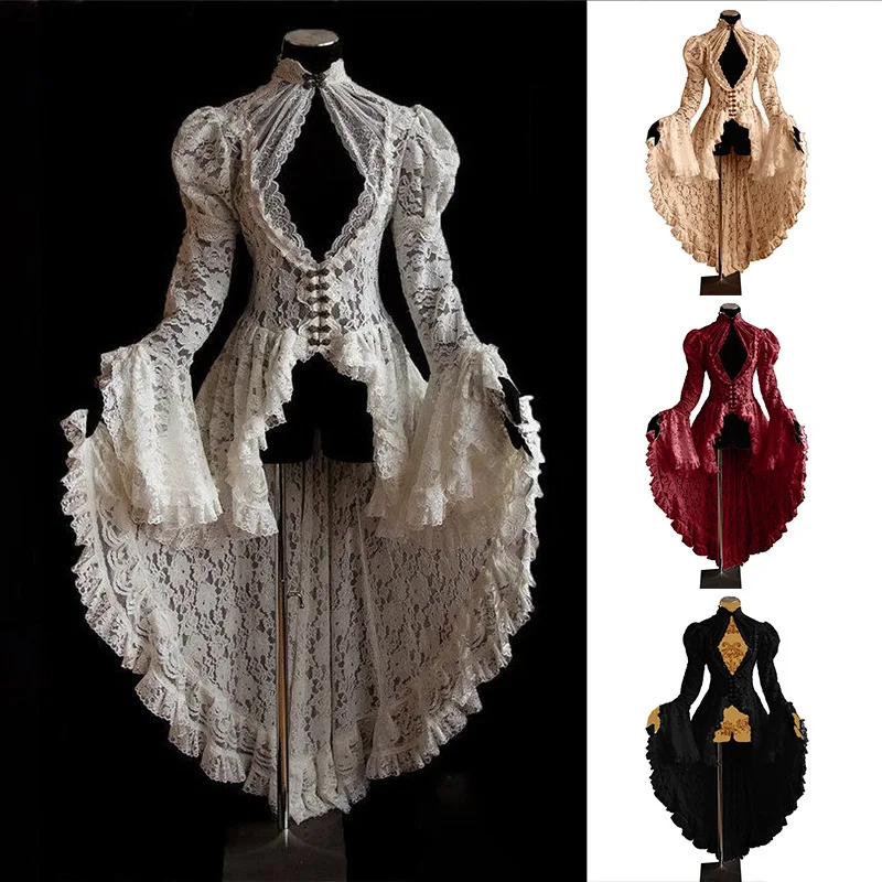 Damen Vintage Gothic Kleider Mittelalter Flare Ärmel Unregelmäßige Blumenspitze Maxikleid Halloween Cosplay Performance Kostüme