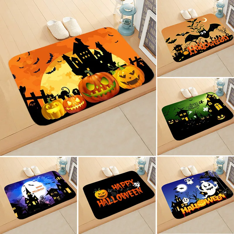 Halloween Doormat Halloween Demon Pumpkin Bat Anti-Slip Door Mat Carpet Doormat Halloween Flannel Living Room Floor Mat Dog Rug