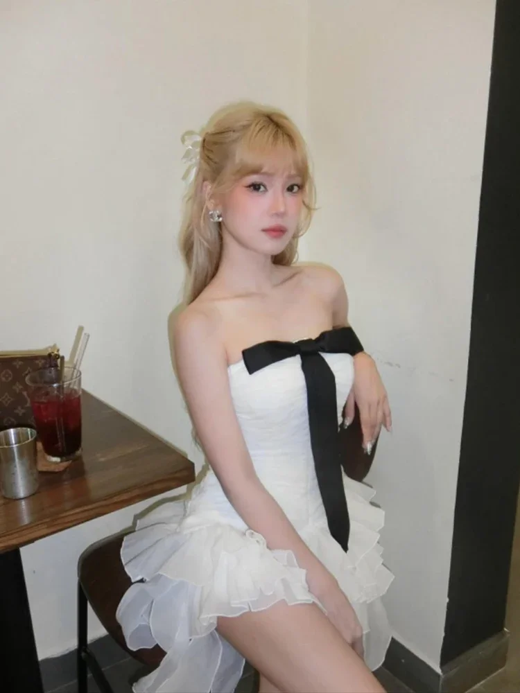 Sexy Strapless Bow Folds Ruffles Draped Mini Dress Women Sleeveless Backless Pleated Slim Dresses Elegant Evening Party Cocktail