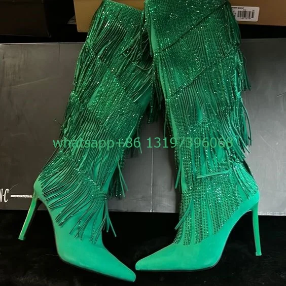 

Lady green glitter tassel pointed toe calf boots stiletto heel rhinestone suede knee boots daily causal runway boots size 35-46