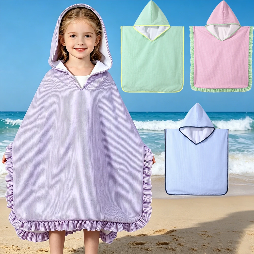 

Ruffle Hooded Towel Stripe Seersucker Blanket Teens Bath Beach Swim Pool Cover Up Absorbent For Man And Women