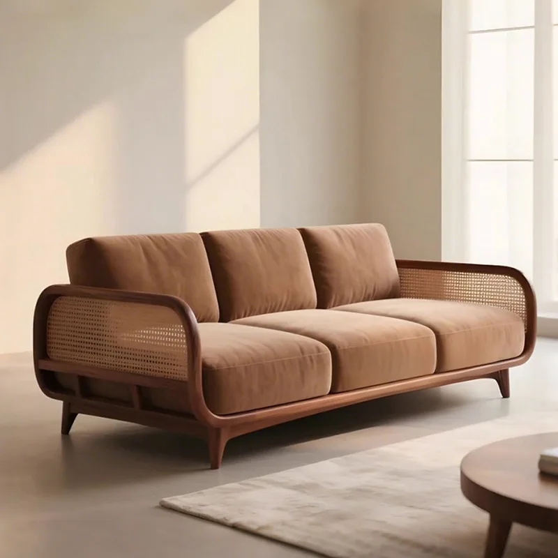 

New wabi sandy wind light luxury black walnut solid wood sofa high-end villa living room rattan straight row sofa