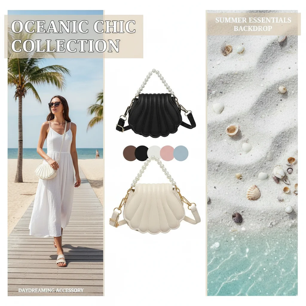 

French Pearl Chain Handbag Women's Fashion Seashell Shoulder Bag PU Leather Clutch Purse Chic Solid Hobo Small Satchel