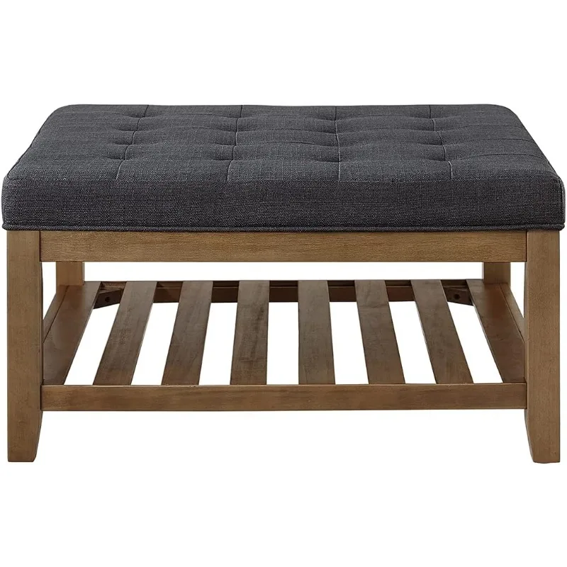 Large Square Upholstered Tufted Linen Ottoman Coffee Table, Large Footrest Ottoman with Solid Wood Shelf- Charcoal