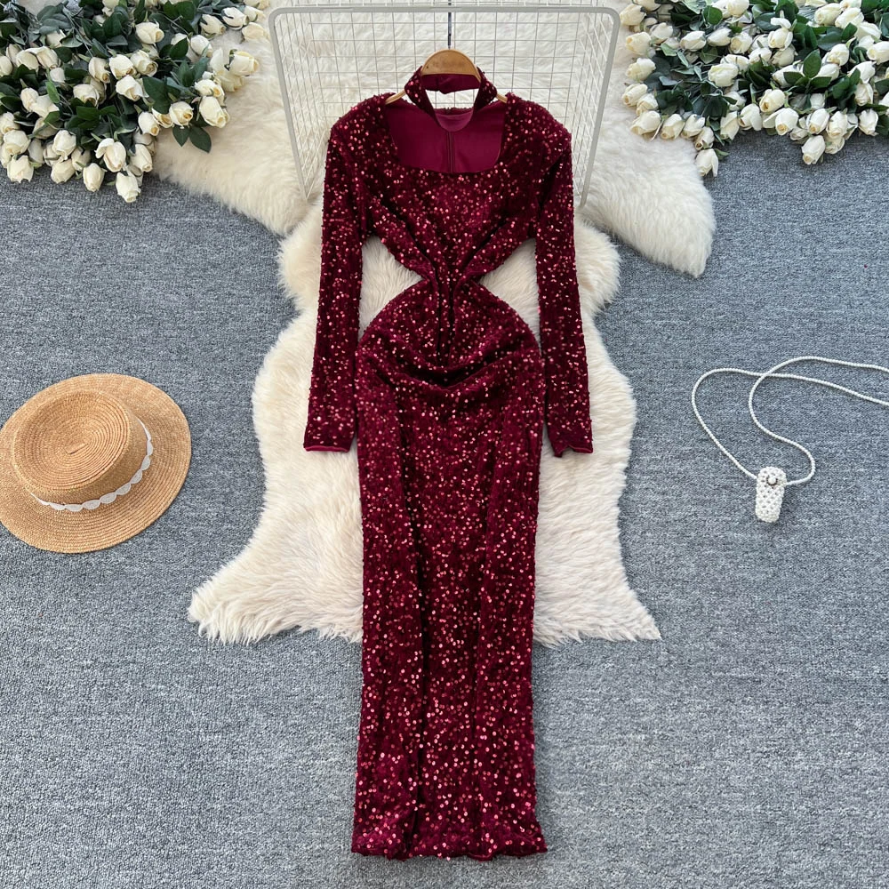 Chique vintage halter veludo manga longa elegante fada coreano moda vestido de verão roupas femininas vestido longo