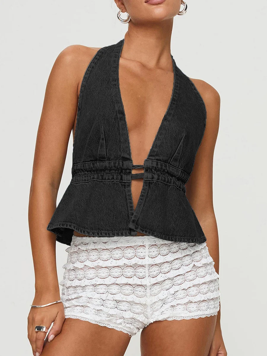 Frauen Neck holder Denim Tanktops schicke Sommer Krawatte ärmellose rücken freie Schößchen Crop Tops einfarbige Cowboy Weste für Club Party y2k