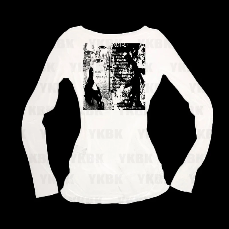 Weißes T-Shirt Anime Damen Herbst 2000er Jahre Print 90er Jahre Streetwear Lange Ärmel O-Ausschnitt Y2k Top Harajuku Mode Lässig Slim Tees Mädchen