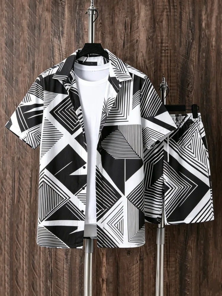 

Men's Short Sleeve Shirt & Shorts Set, Loose Comfort Black White Geometric Print Casual Summer Outfit