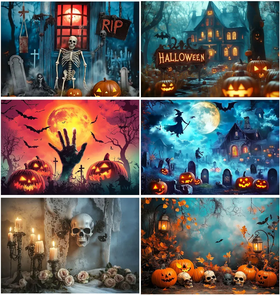 

Halloween Backdrops Horror Themed Skull Roses Cemetery Witch Kids Baby Adult Photocall Props Castle Bats Photography Backgrounds