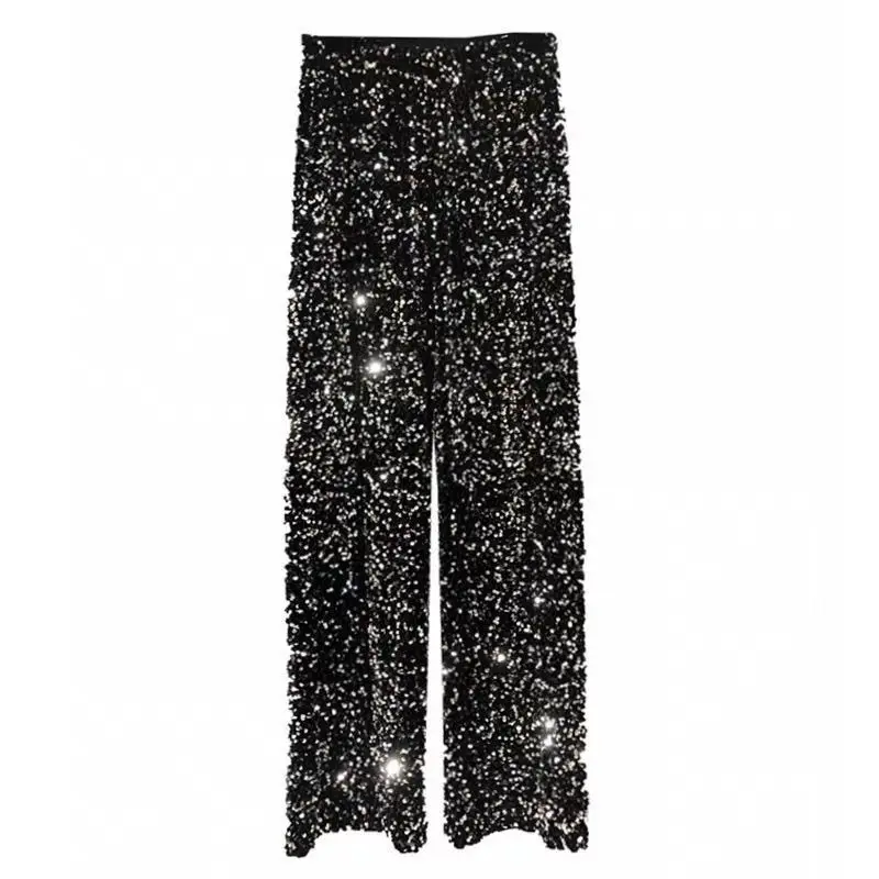 2026 Spring, Autumn And Winter New Straight-Leg Pants Drape High-End Black High-Waisted Thin Sequined Wide-Leg Pants Women
