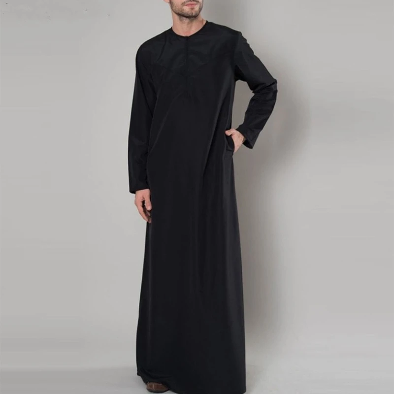 Muslim Robe Comfortable Muslim Male Shirt with Zipper Design Loose Crew Neck Muslim Clothing Eid Middle East Jubba Thobe