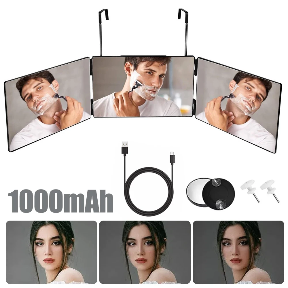 Der Klappspiegel verfügt über ein dreiseitiges Design für klare, verzerrungsfreie Sicht. Es verfügt über ein LED-Licht, verstellbare Höhe und eine helle, natürliche Beleuchtung, was ihn praktisch für